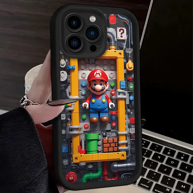 Coque iPhone Mario - Mario dans la Machinerie de Briques Contour Noir