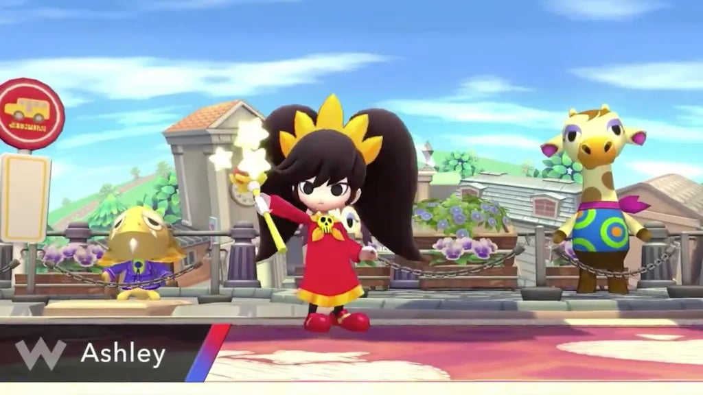 Ashley, petite sorcière en robe rouge, dans une arène de Super Smash Bros.