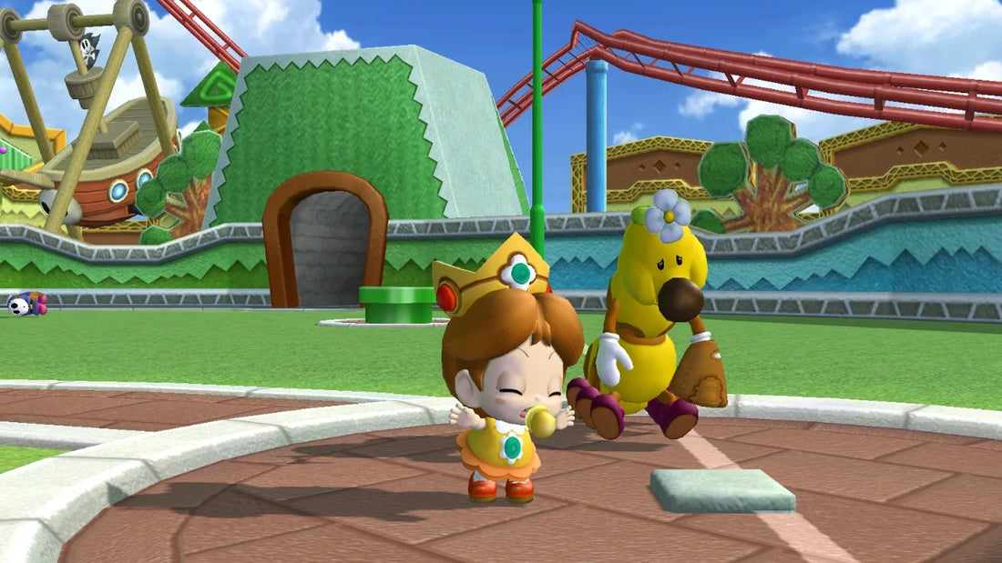 Bébé Daisy dans un décor de stade ensoleillé de la série