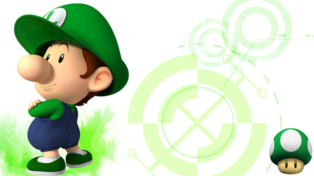 Bébé Luigi en salopette bleue et casquette verte, un champignon 1-Up à ses côtés