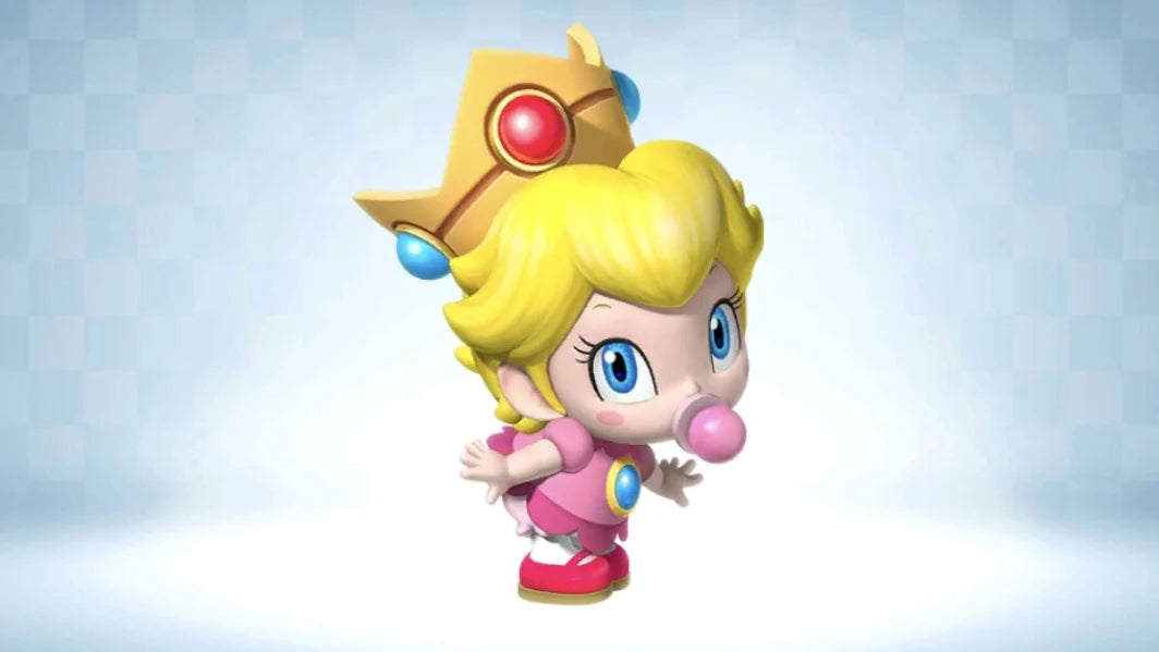 Bébé Peach en couche-culotte, couronne sur la tête et tétine à la bouche
