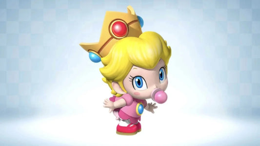 Bébé Peach en couche-culotte, couronne sur la tête et tétine à la bouche