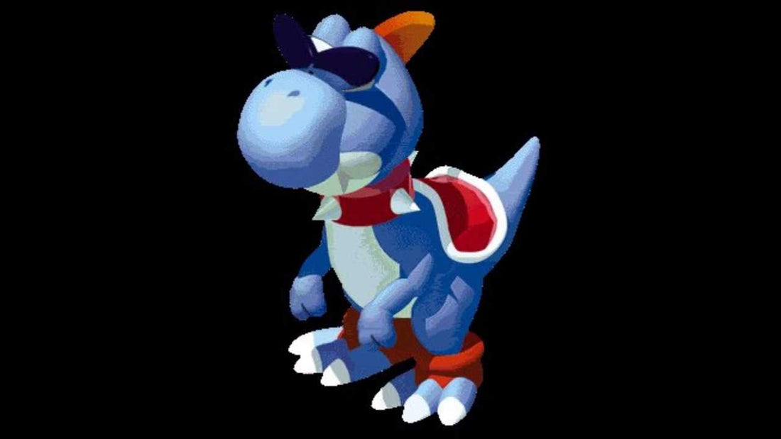 Boshi, Yoshi bleu à lunettes noires et écharpe rouge, sur fond noir