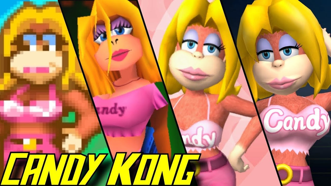 Montage des apparences successives de Candy Kong, de la version pixel à la 3D, sous son nom en lettres jaunes