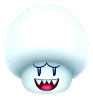 Champignon blanc translucide au visage de Boo, yeux mi-clos et large sourire