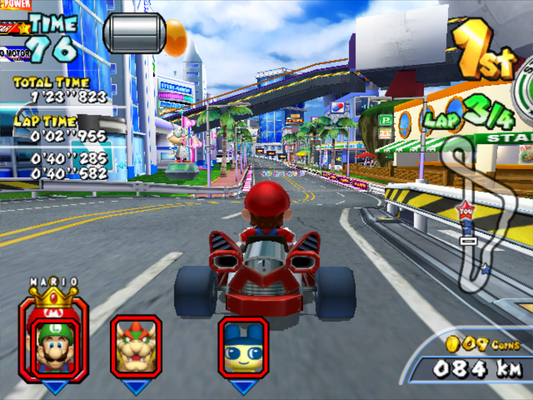 Course de Mario Kart Arcade GP 2 dans les rues d'Egad City, Mario en tête