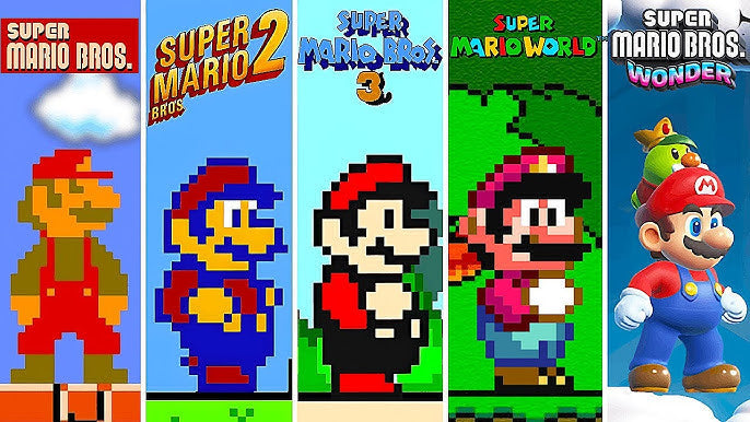 Cinq Mario côte à côte, de la version 8 bits de 1985 au rendu 3D moderne