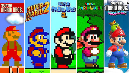 Cinq Mario côte à côte, de la version 8 bits de 1985 au rendu 3D moderne