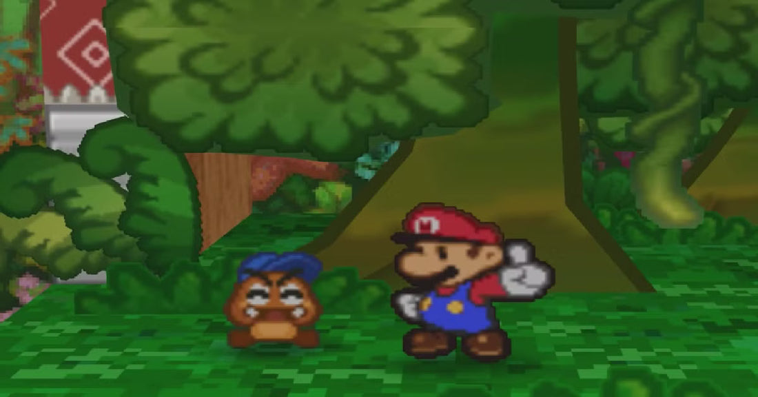 Mario en papier accompagné d'un petit Goomba, dans une forêt de Paper Mario