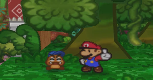 Mario en papier accompagné d'un petit Goomba, dans une forêt de Paper Mario