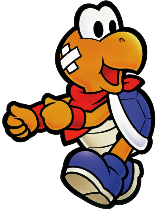 Kooper, Koopa bleu au bandana rouge et au pansement sur le front, en style papier