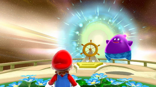Mario face à Lubba, gros Luma violet, près d'un gouvernail lumineux