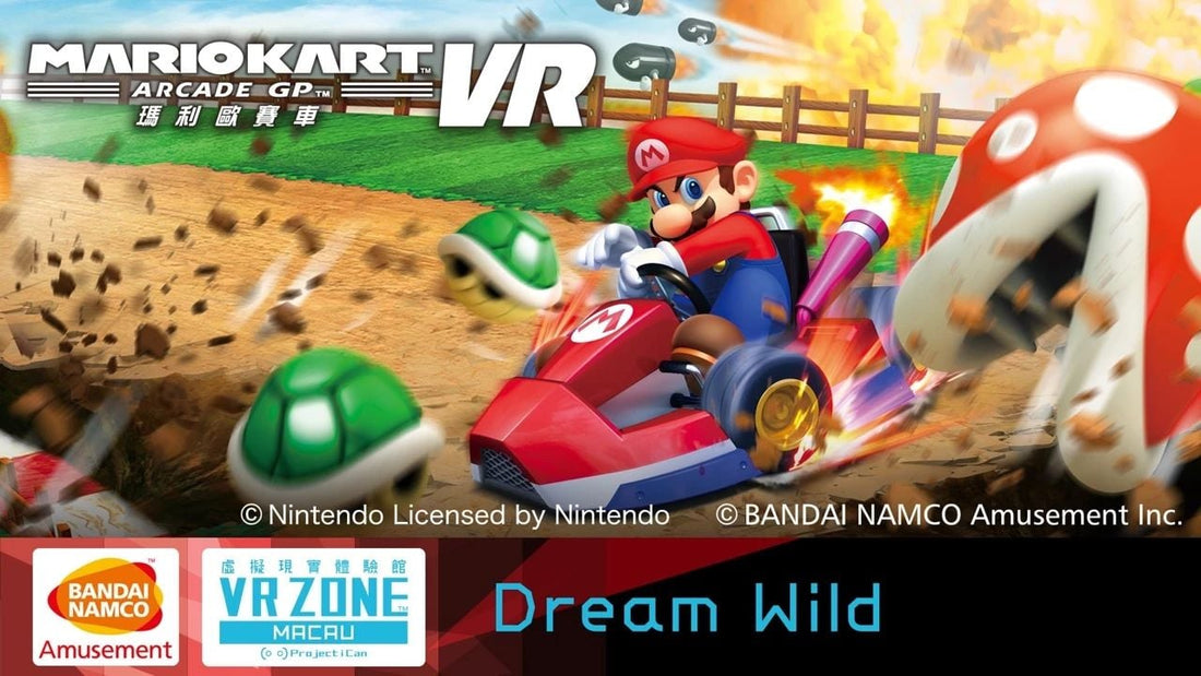 Visuel promotionnel de Mario Kart Arcade GP VR au VR Zone, Mario en kart vu du casque