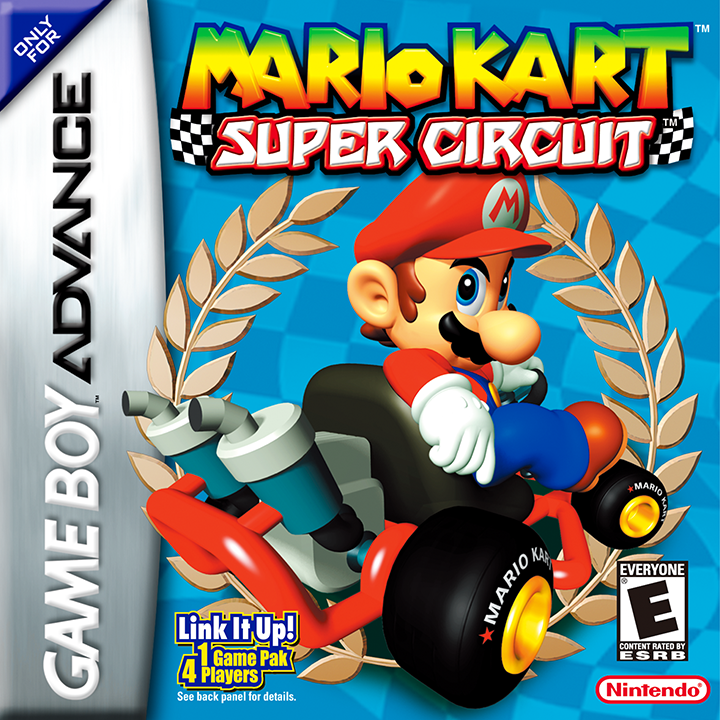 Jaquette Game Boy Advance de Mario Kart: Super Circuit, Mario au volant devant une couronne de laurier