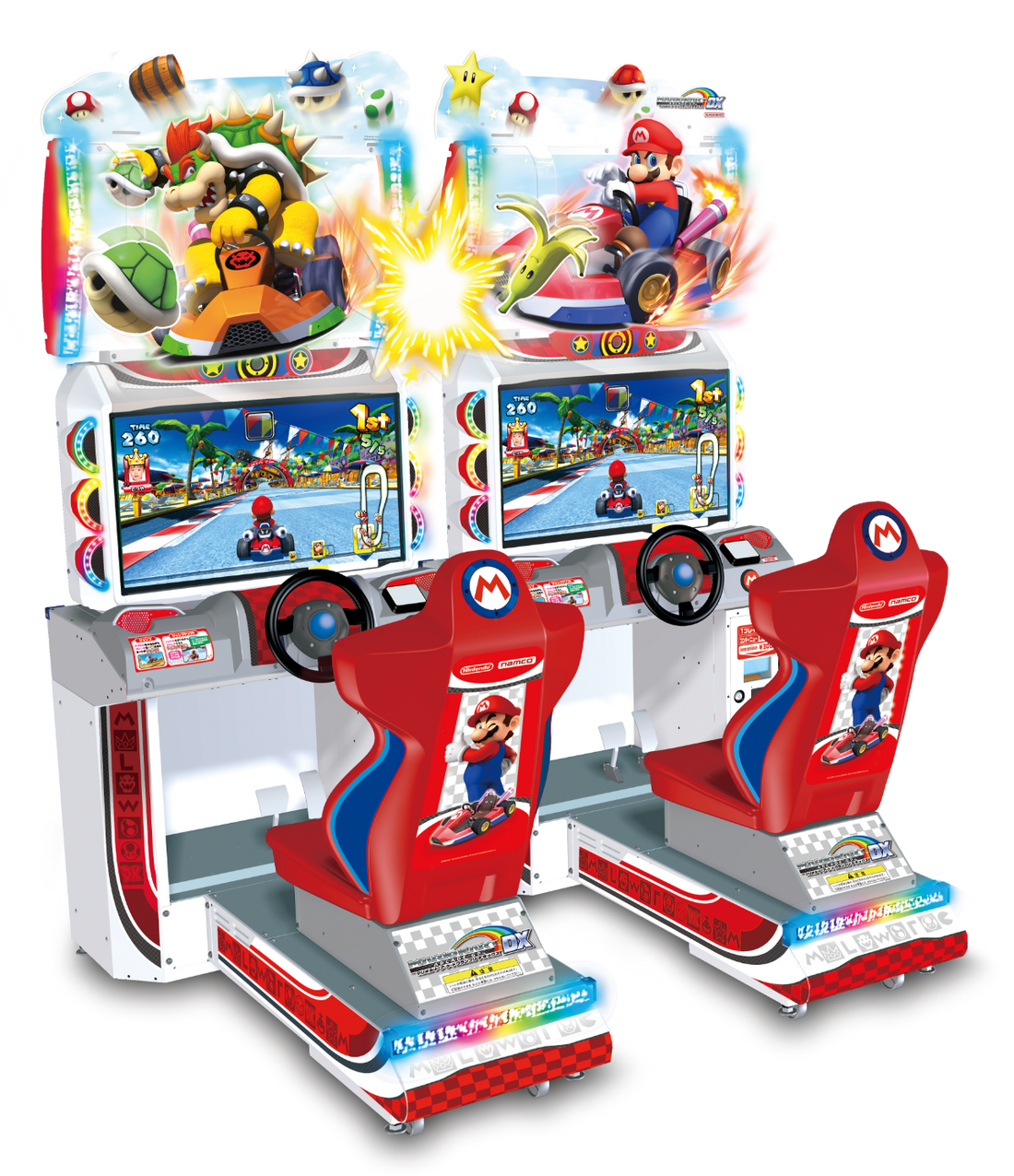 Les bornes d'arcade de Mario Kart Arcade GP DX, deux postes reliés pour jouer en équipe