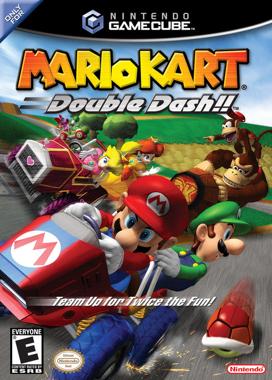 Jaquette GameCube de Mario Kart: Double Dash!!, Mario et Luigi partageant un kart