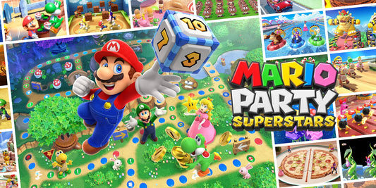 Mario sur un plateau de Mario Party Superstars, entouré de vignettes des plateaux du jeu