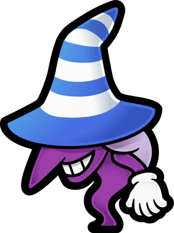 Sorcière au grand chapeau pointu bleu et blanc, en style papier
