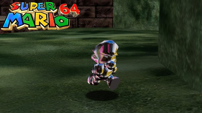 Mario métallique argenté avançant dans un couloir sombre de Super Mario 64