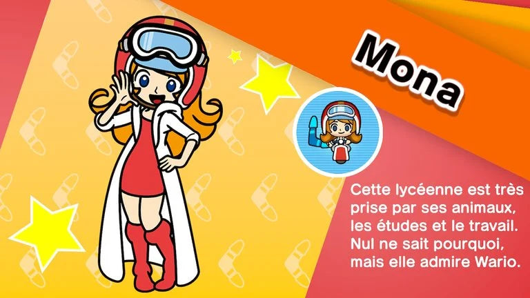 Fiche de présentation illustrée de Mona, en tenue de livreuse et lunettes de moto, accompagnée d'un encart descriptif