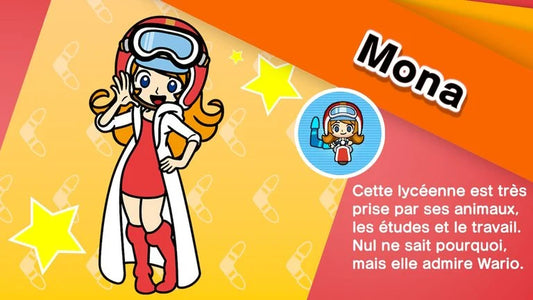 Fiche de présentation illustrée de Mona, en tenue de livreuse et lunettes de moto, accompagnée d'un encart descriptif