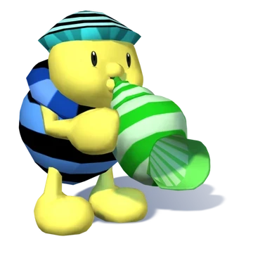 Noki jaune à coquille rayée bleu et noir, soufflant dans une conque verte
