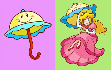 Le parapluie Perry seul à gauche, tenu par la princesse Peach à droite
