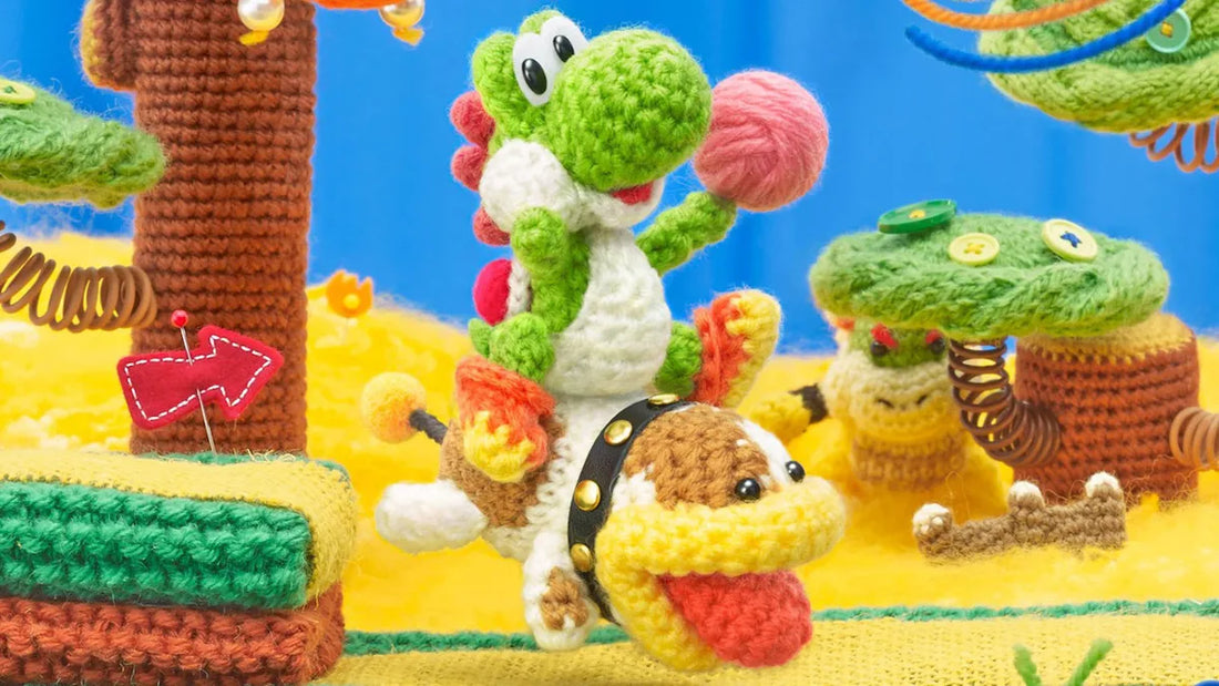 Décor entièrement tricoté de Yoshi's Woolly World, avec des Yoshis en laine