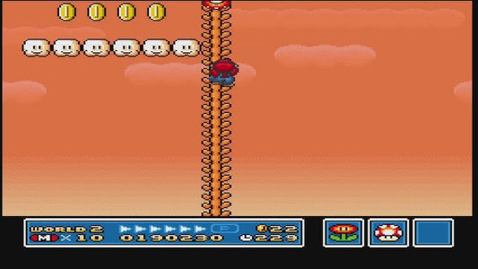 Écran rétro de Super Mario Bros. 3 : rangée d'ennemis blancs suspendus au-dessus d'une liane