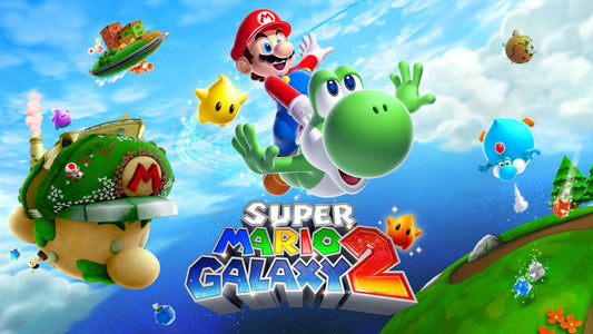 Mario chevauchant Yoshi dans l'espace, sous le logo Super Mario Galaxy 2