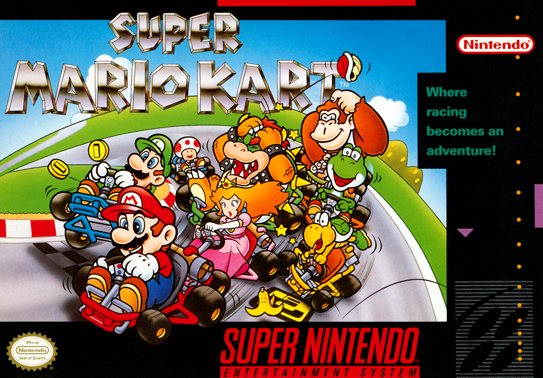 Jaquette Super Nintendo de Super Mario Kart : les huit pilotes de 1992 sur la grille