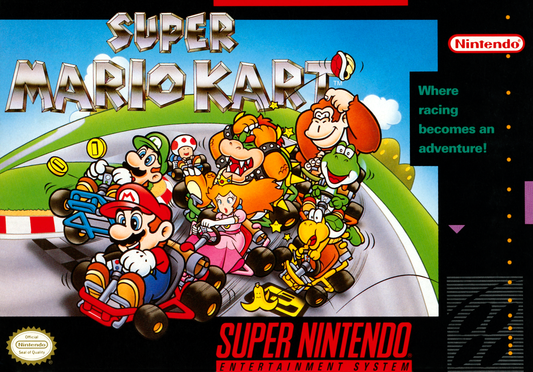 Jaquette Super Nintendo de Super Mario Kart : les huit pilotes de 1992 sur la grille