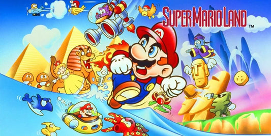 Illustration de Super Mario Land : Mario aux commandes d'un avion au-dessus de pyramides