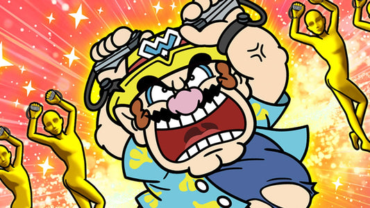 Wario hilare, entouré de mains jaunes, en illustration cartoon