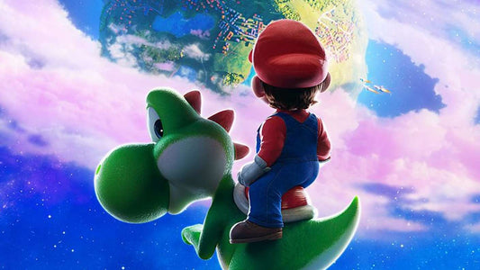 Mario chevauchant Yoshi dans un ciel nuageux