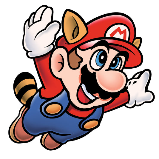 Mario raton laveur, oreilles et queue de raton, en plein vol — le pouvoir que confère l'Aile magique dans Super Mario Bros. 3
