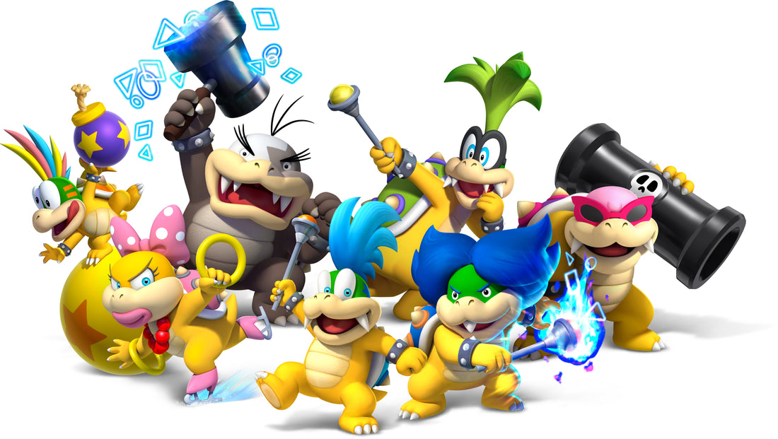 Les sept Koopalings réunis, marteaux et baguettes magiques en main