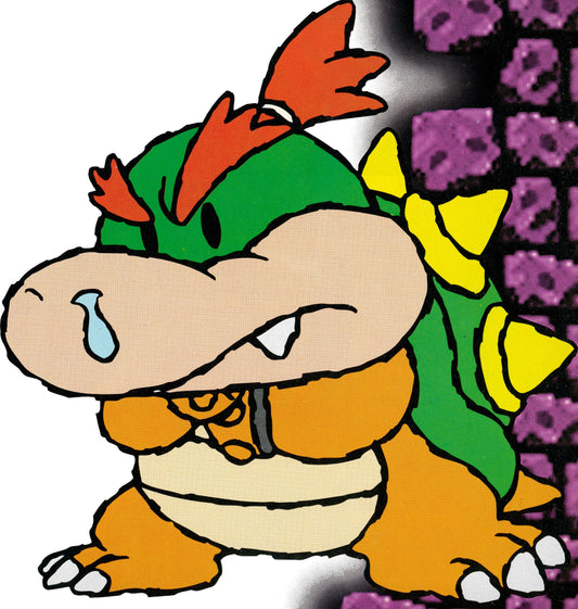 Bébé Bowser, petit Koopa vert et orange à l'œil larmoyant, devant un mur de briques violettes