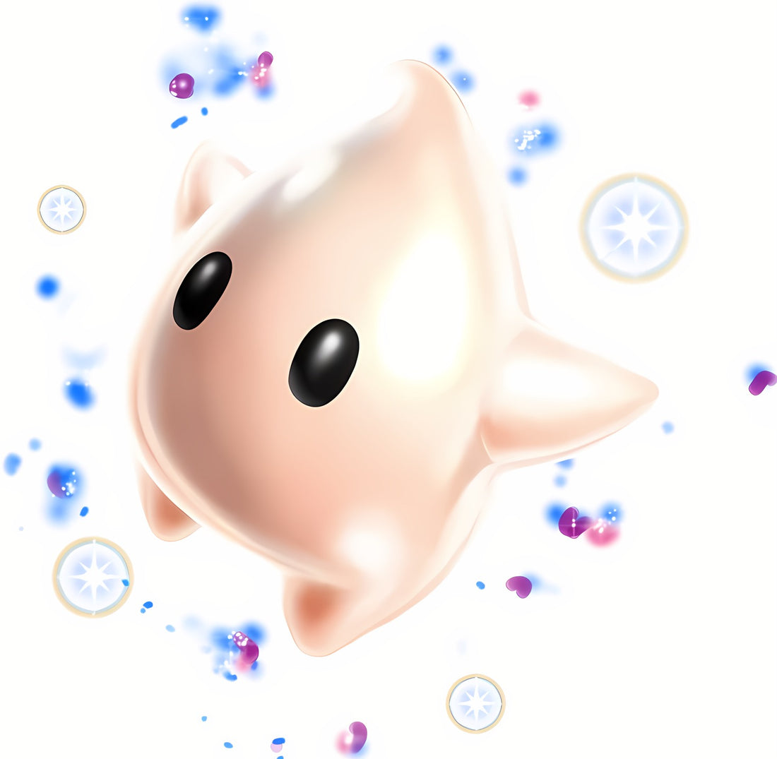 Bébé Luma, petit Luma couleur crème aux yeux noirs, entouré d'éclats d'étoiles, artwork de Super Mario Galaxy