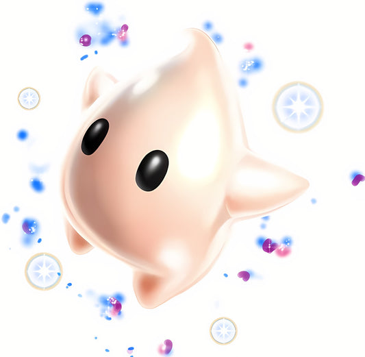Bébé Luma, petit Luma couleur crème aux yeux noirs, entouré d'éclats d'étoiles, artwork de Super Mario Galaxy
