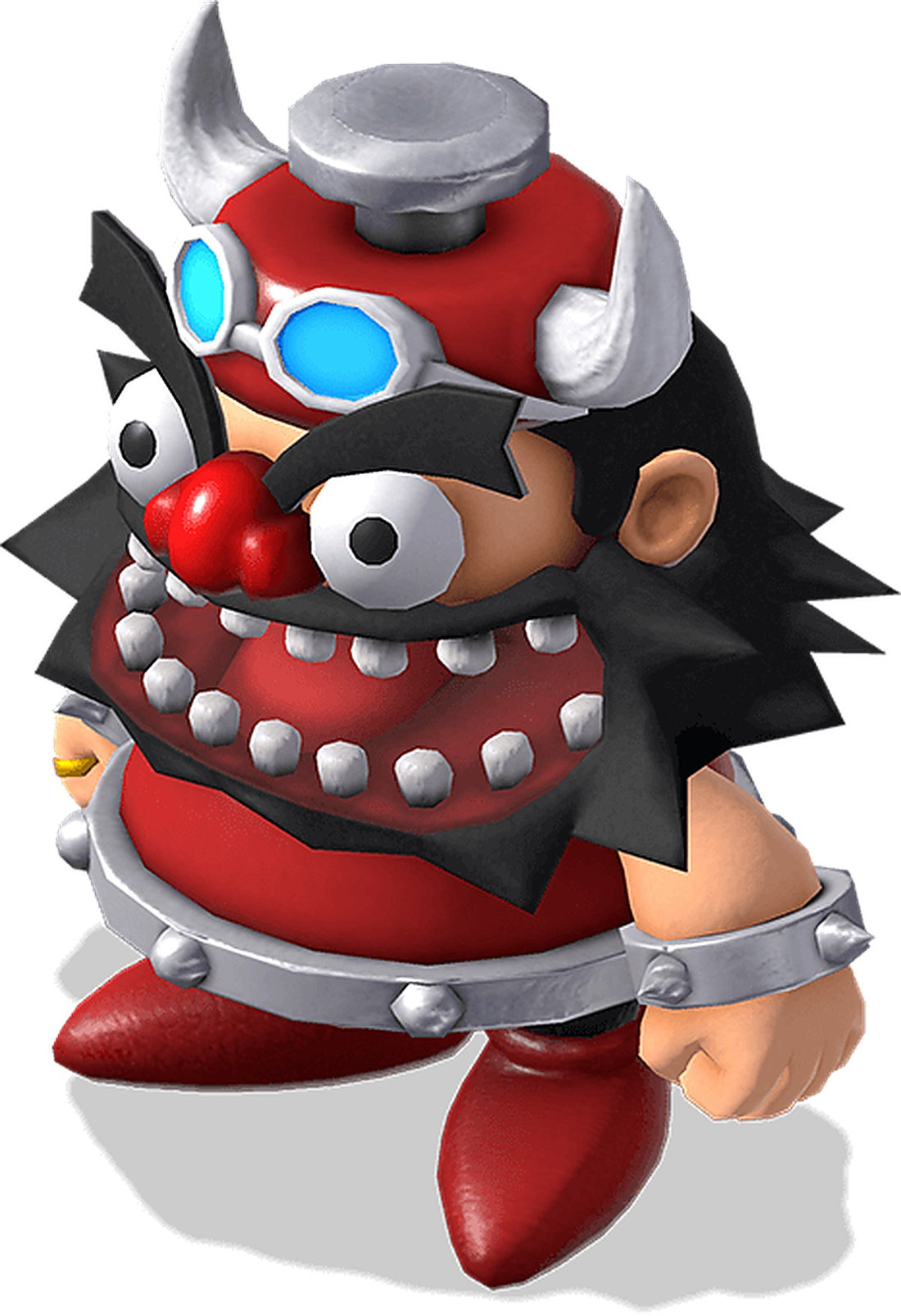 Booster, personnage massif en armure rouge et grise, la denture métallique en avant