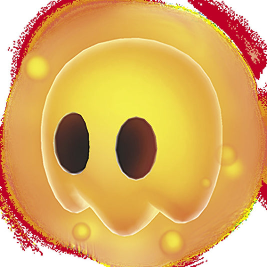 Une Bulle de lave jaune aux yeux noirs, cernée d'un halo de flammes rouges