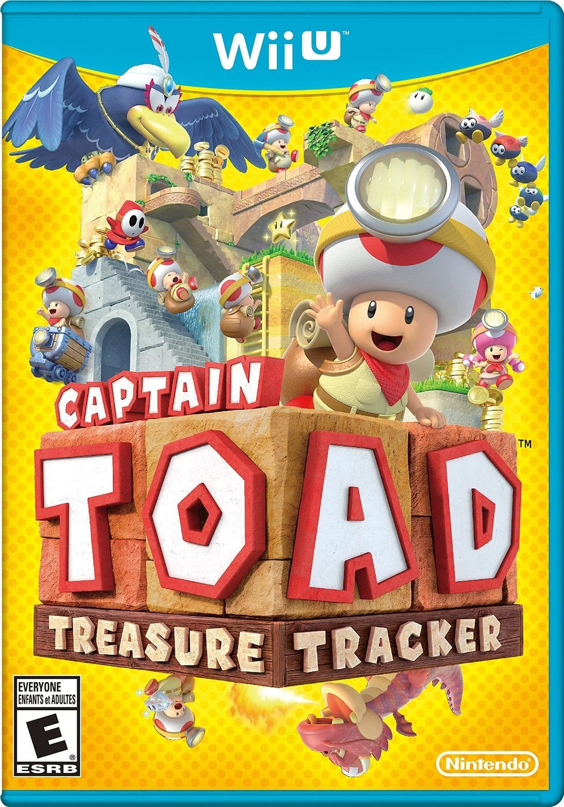 Jaquette Wii U de Captain Toad Treasure Tracker : Capitaine Toad, lampe au casque, explore un diorama cubique