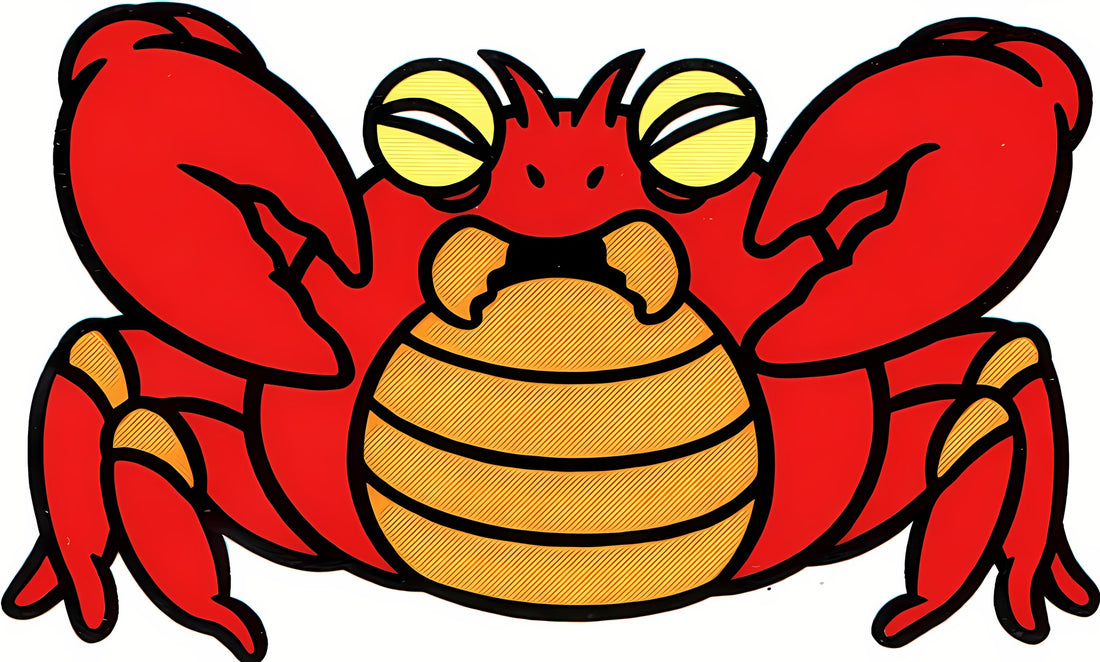Illustration de Clawgrip, le crabe géant rouge au ventre orangé rayé de Super Mario Bros. 2, vu de face, pinces levées, sur fond blanc
