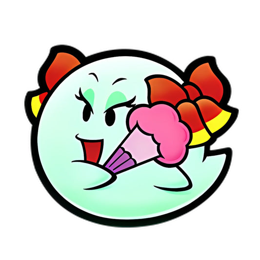 Dame Bouh, Boo vert pâle au nœud rouge, agitant un éventail rose