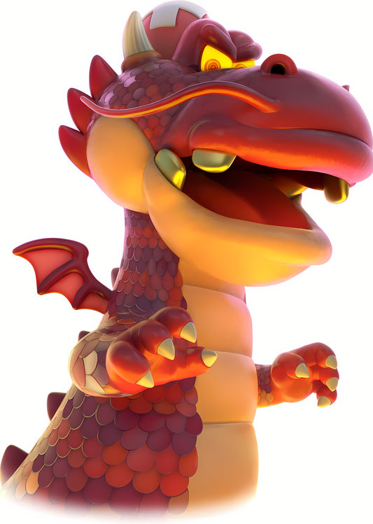 Draggadon, le dragon de Captain Toad: Treasure Tracker, gueule ouverte sur ses dents jaunes et griffes en avant