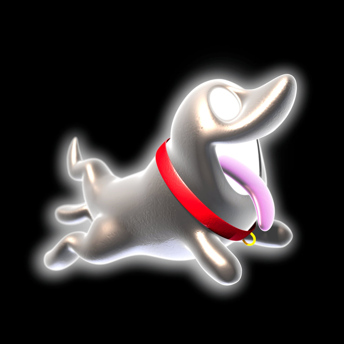 Ectochien, chiot fantôme translucide au collier rouge, bondissant sur fond noir