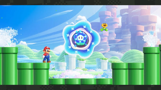 Mario face à la Fleur prodige, en suspension entre deux tuyaux verts dans Super Mario Bros. Wonder