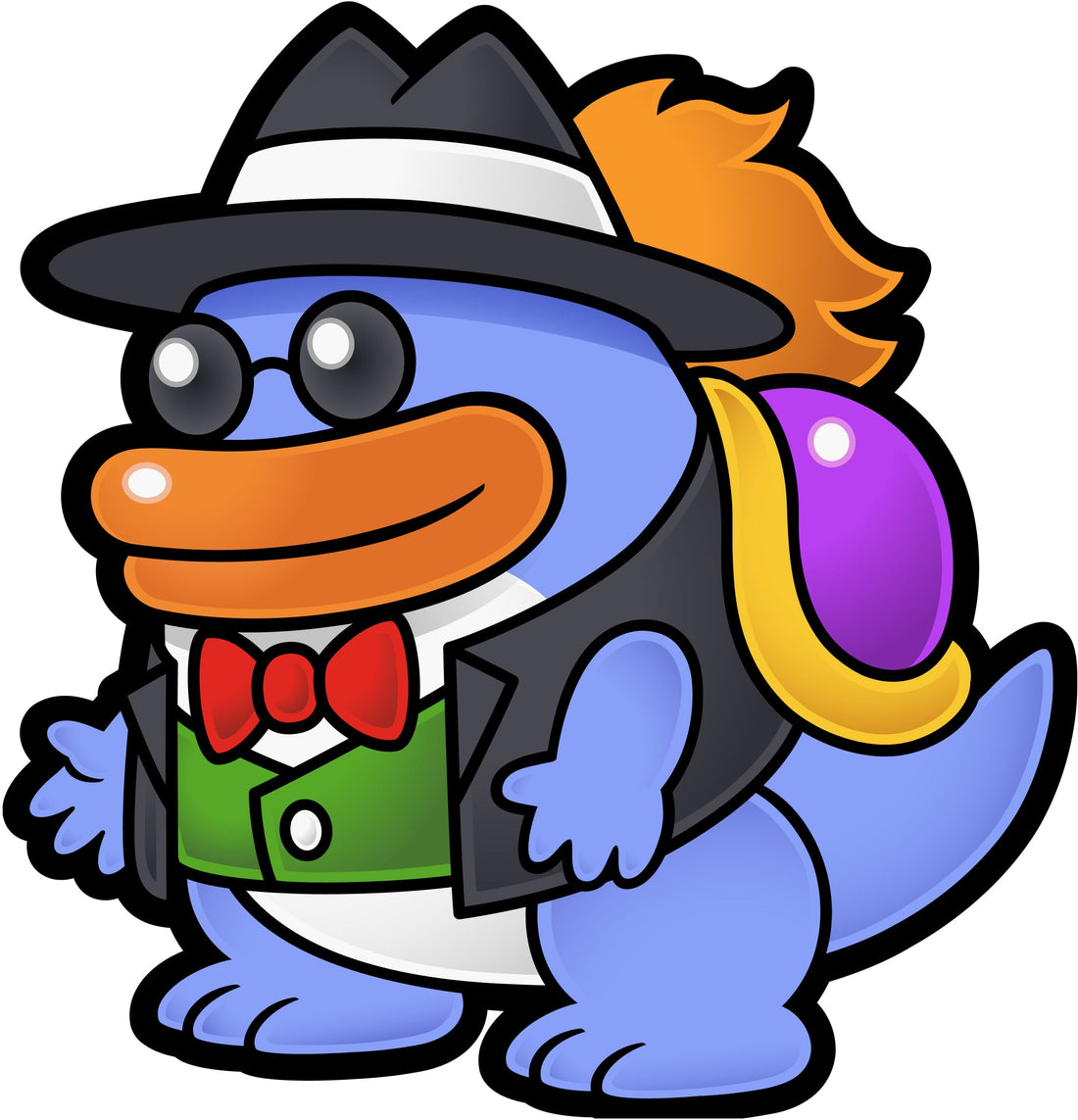 Gangs, le promoteur de catch en costume, chapeau mou et nœud papillon rouge, dans le style papier de Paper Mario