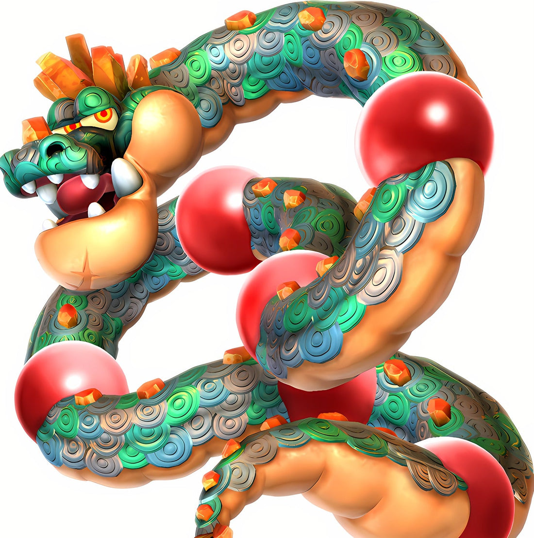 Gargantulus, dragon au corps enroulé couvert d'écailles vertes et bleues, hérissé de cristaux orange et de six bosses rouges, artwork de Super Mario Galaxy 2